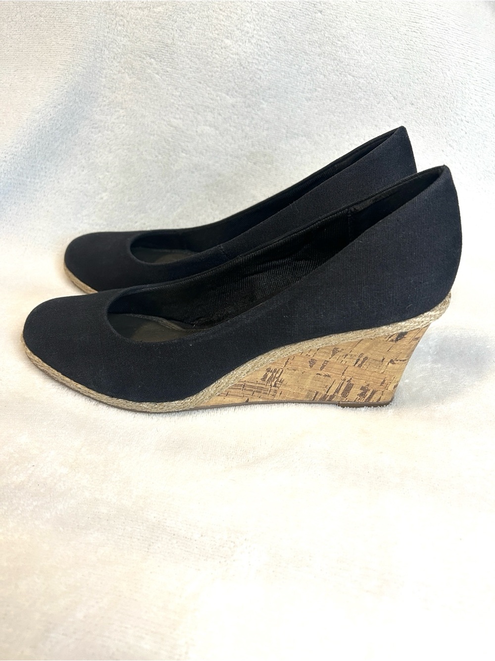 Life Stride Costume Black Canvas Cork Jute Wedge Shoes Women 8.5